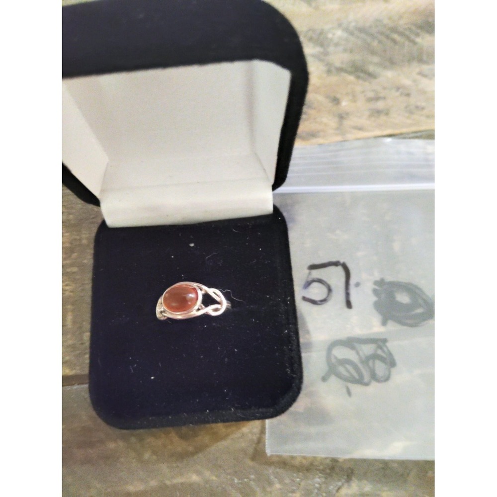 925 Sterling Silver Amber Agate Oval Cabochon Scroll Ring Size 5.25